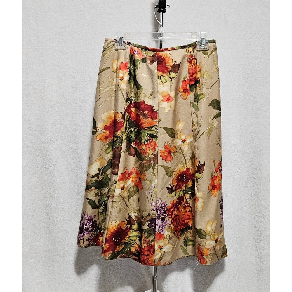 Talbots Petites Silk Wool Floral Midi Skirt Tan Orange Purple Sz. 8P Made in USA